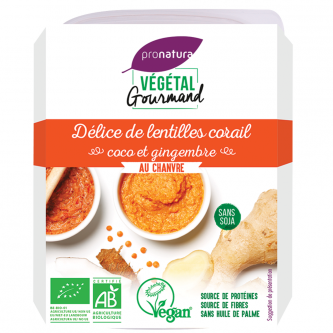 <p class="nom">Délice de lentilles corail, coco et gingembre, au chanvre</p><p class="description">La douceur de ce tartinable à base de chanvre et de lentilles corail en fera le compagnon idéal des repas les plus gourmands.</p>