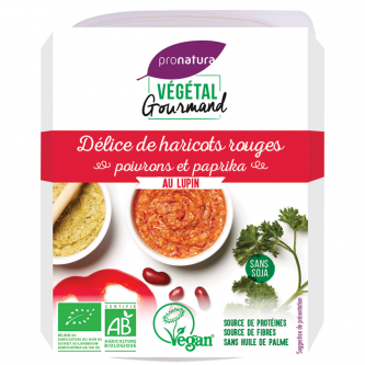 <p class="nom">Délice de haricots rouges, poivrons et paprika, au lupin</p><p class="description">Ce tartinable au goût typique à base de lupin et de haricots rouges donnera à toutes les recettes froides ou chaudes une touche de soleil..</p>