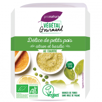 <p class="nom">Délice de petits pois, citron et basilic, au chanvre</p><p class="description">Ce tartinable délicatement citronné à base de chanvre et de petits pois donnera de la fraîcheur à de multiples recettes.</p>