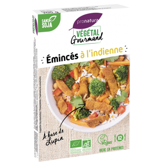 <p class="nom">Emincés à l'indienne</p><p class="description">Ces émincés de lupin riches en protéines sont délicatement parfumés avec un mélange d’épices Tandoori. Parfaits en salade ou en accompagnement de légumes ou de riz.</p>