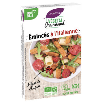 <p class="nom">Emincés à l'italienne</p><p class="description">Ces émincés de lupin riches en protéines, aux saveurs italiennes (tomates, oignon, persil) sauront ensoleiller vos assiettes. Parfaits en salade ou en accompagnement de légumes.</p>