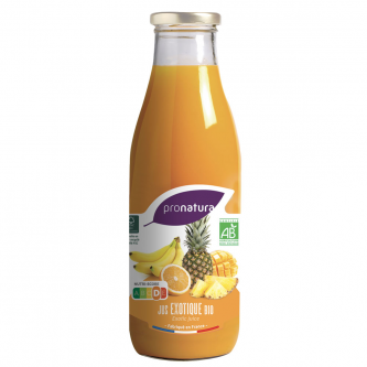 <p class="nom">Jus Exotique</p><p class="description">Notre jus de fruits exotiques est élaboré avec les meilleurs fruits issus de nos diverses filières de production : l'ananas Cayenne lisse du Togo (30%), la mangue Amélie du Burkina Faso (20%), la banane d'Equateur (10%) et enfin l'orange d'Espagne (40%).</p><p class="format">75cl</p>