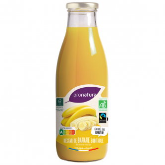 <p class="nom">Nectar de Banane Equitable</p><p class="description">Les standards du commerce équitable Fairtrade / Max Havelaar assurent aux producteurs et travailleurs du Sud de meilleures conditions commerciales et / ou de travail et leur donne la possibilité d’investir dans un futur durable. En fabriquant ce nectar, ProNatura participe à l’amélioration des conditions de vie et de travail des producteurs d’équateur.</p><p class="format">75cl</p>