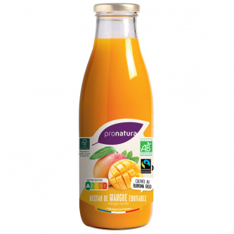 <p class="nom">Nectar de Mangue Equitable</p><p class="description">Les standards du commerce équitable Fairtrade / Max Havelaar assurent aux producteurs et travailleurs du Sud de meilleures conditions commerciales et / ou de travail et leur donne la possibilité d’investir dans un futur durable. En fabriquant ce nectar, ProNatura participe à l’amélioration des conditions de vie et de travail des producteurs du Burkina Faso.</p><p class="format">75cl</p>